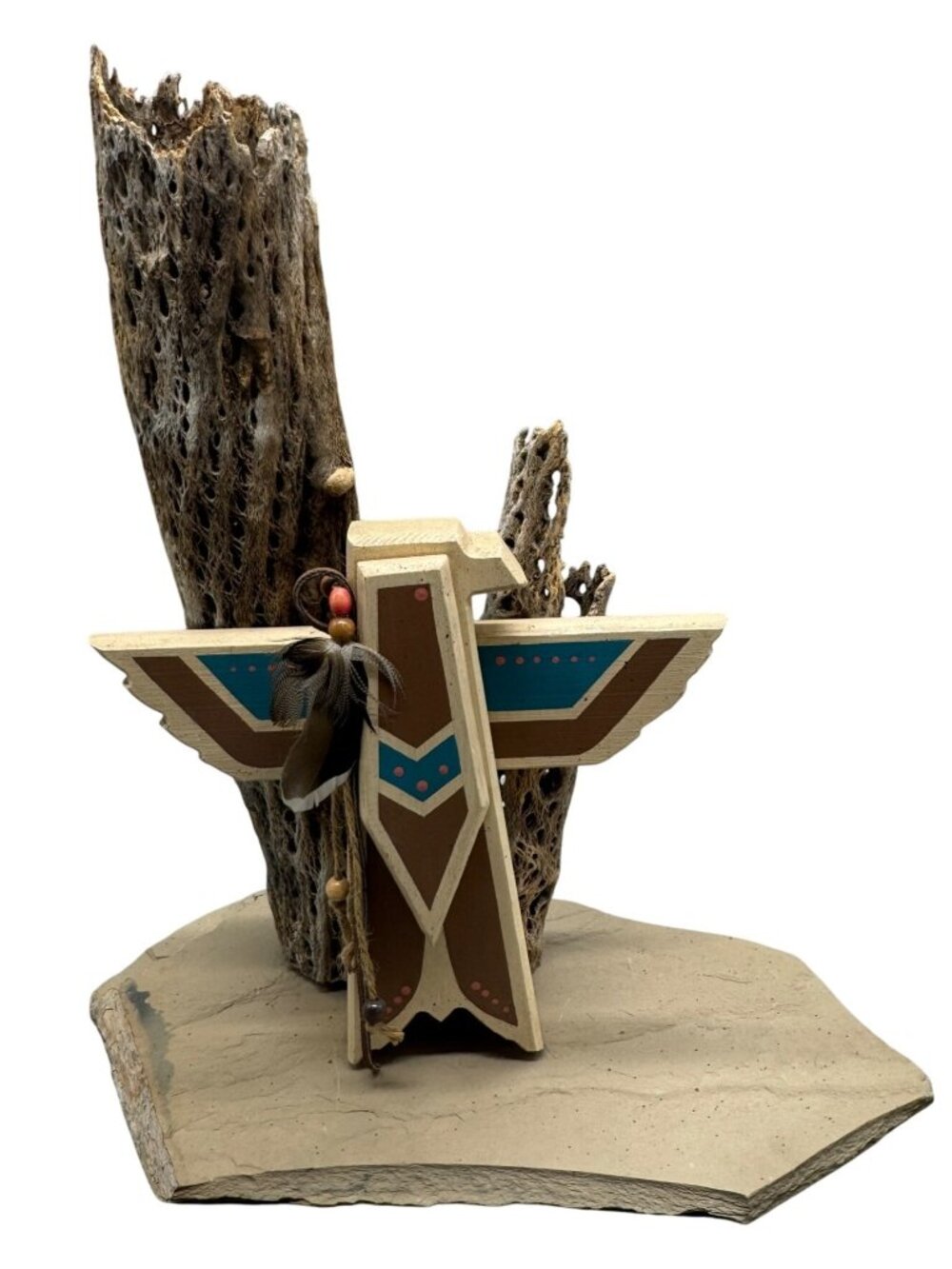 Wood Native American Style Thunderbird Sculpture Feathers Bead southwestern READ